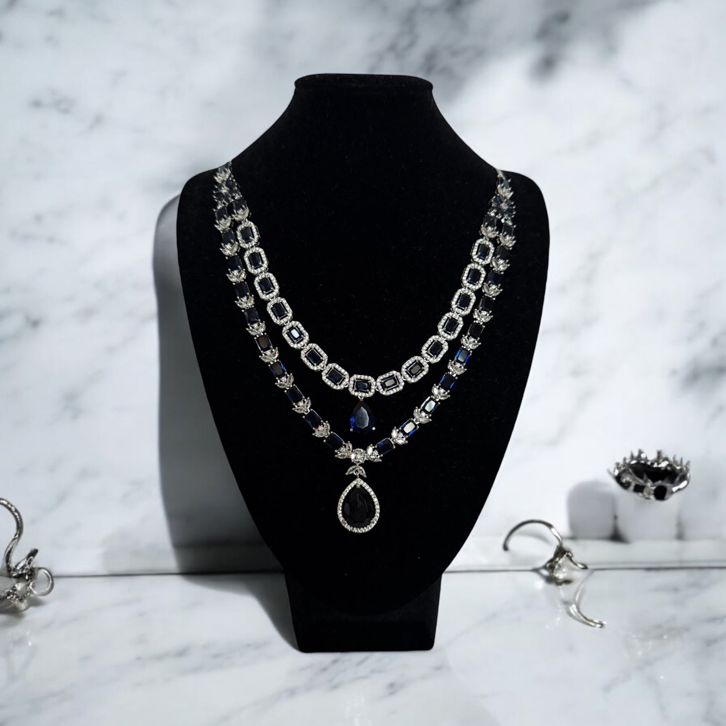 Blue Double Layered Gemstone Necklace Set