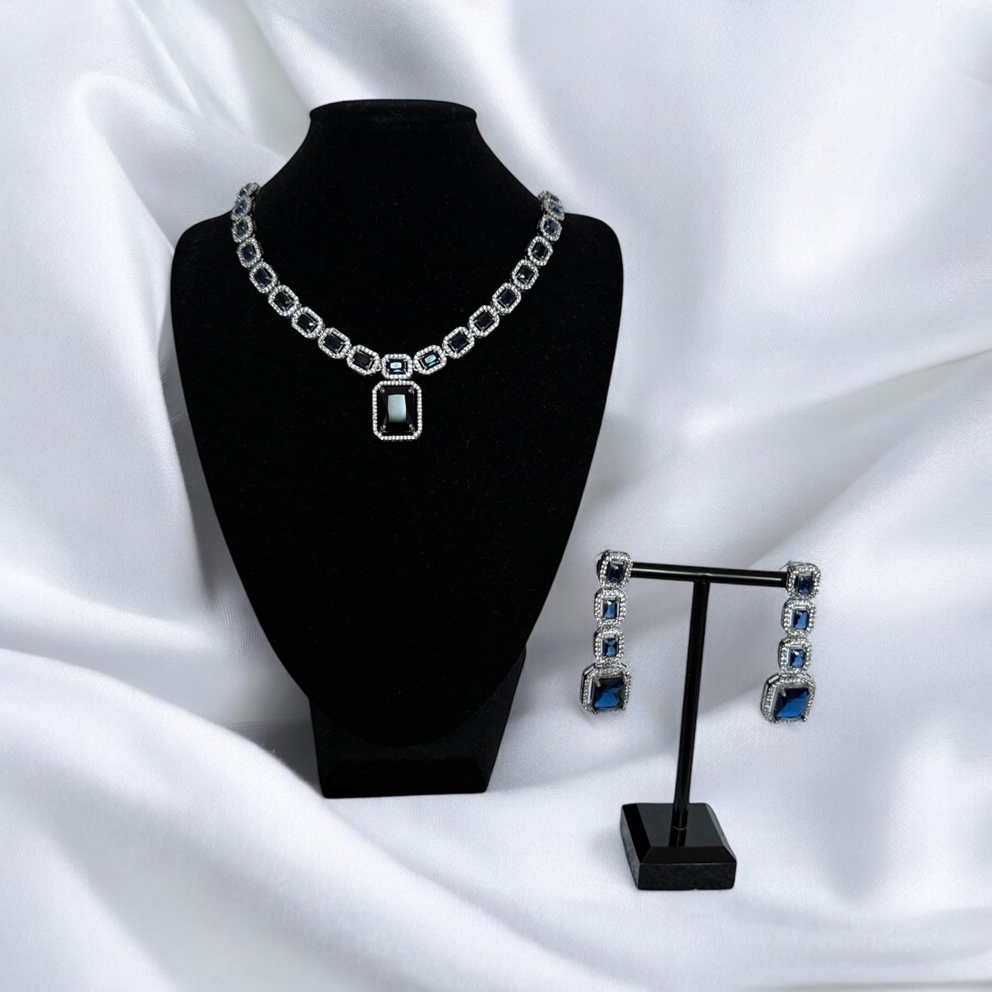 Navy Blue Crystal Square Necklace Set with Matching Earrings – Elegant Evening Jewelry