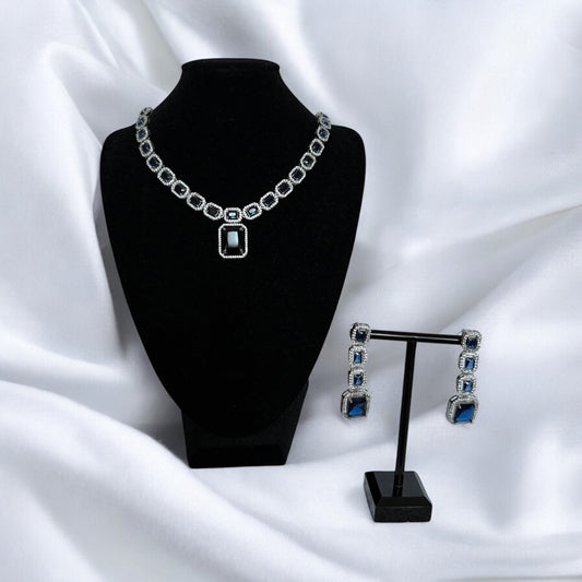 Navy Blue Crystal Square Necklace Set with Matching Earrings – Elegant Evening Jewelry