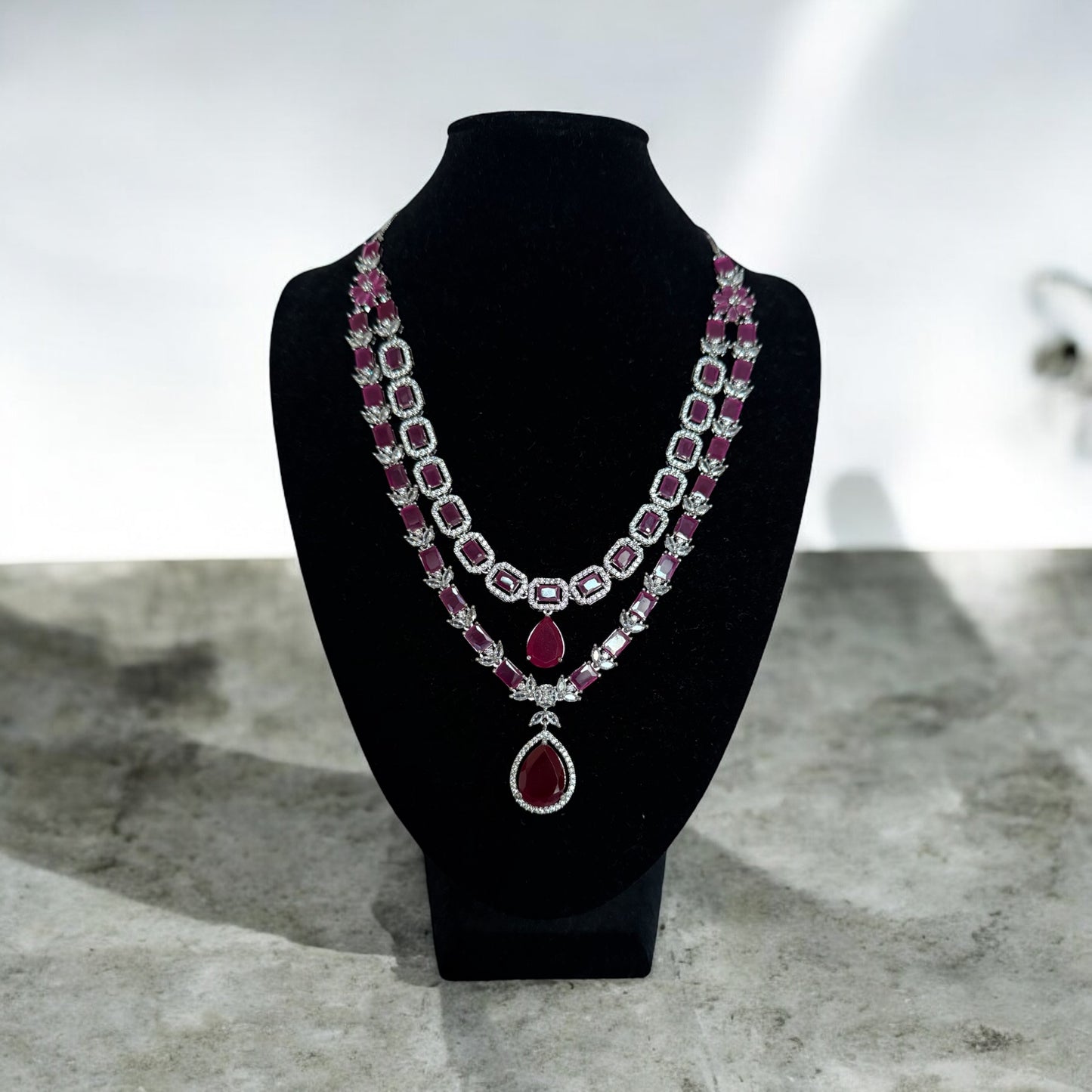 Double Layer Ruby Statement Necklace Set with Matching Earrings - Bridal & Occasion Jewelry