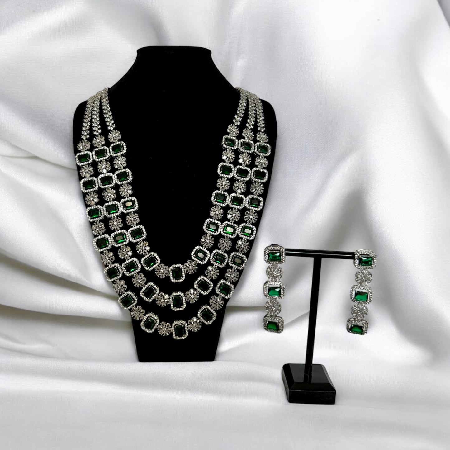 Triple Layer Emerald Green Crystal Necklace Set with Matching Earrings – Bridal & Luxe Party Jewelry