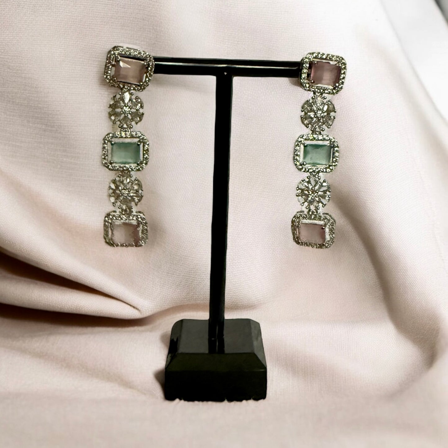 Pastel Green & Blush Pink Triple Layer Necklace Set with Floral Accents – Elegant Bridal Jewelry
