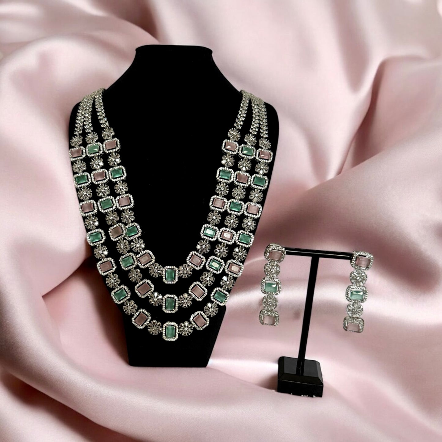 Pastel Green & Blush Pink Triple Layer Necklace Set with Floral Accents – Elegant Bridal Jewelry