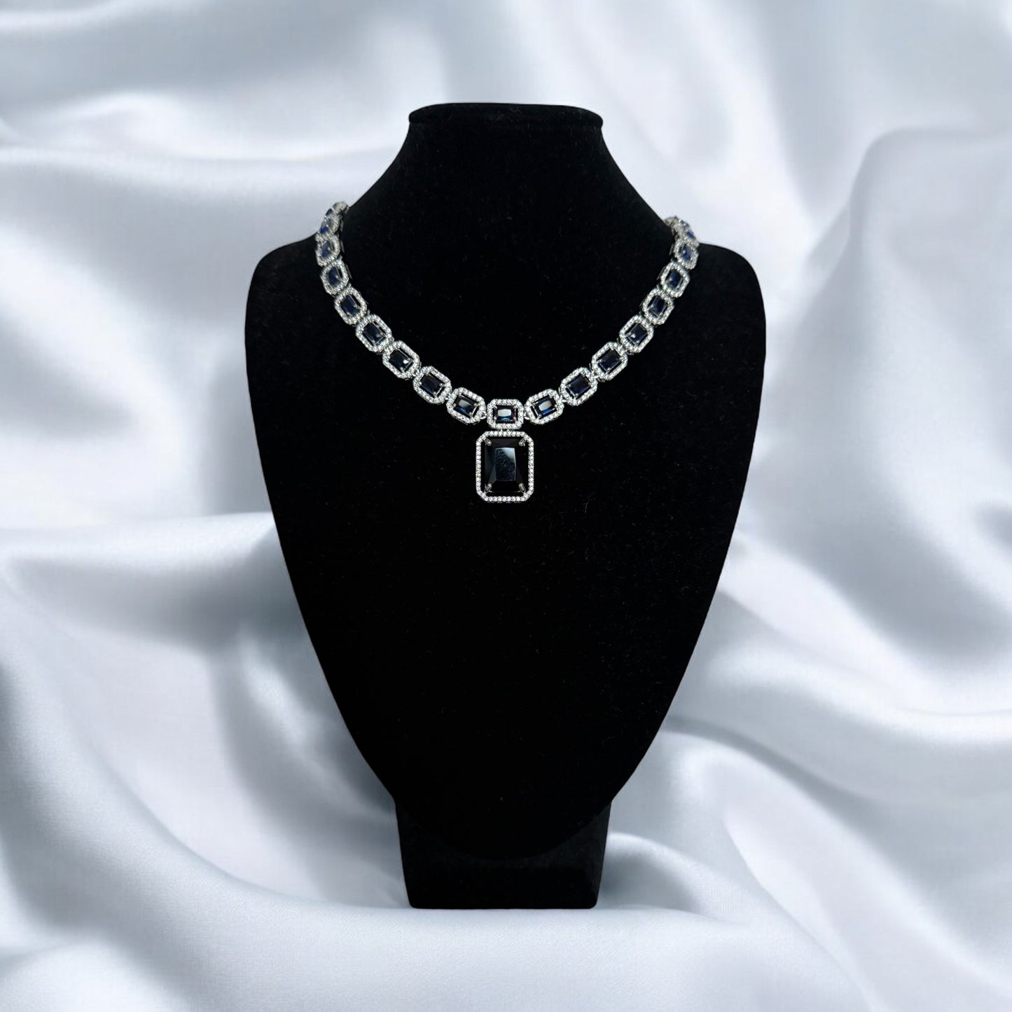 Navy Blue Crystal Square Necklace Set with Matching Earrings – Elegant Evening Jewelry