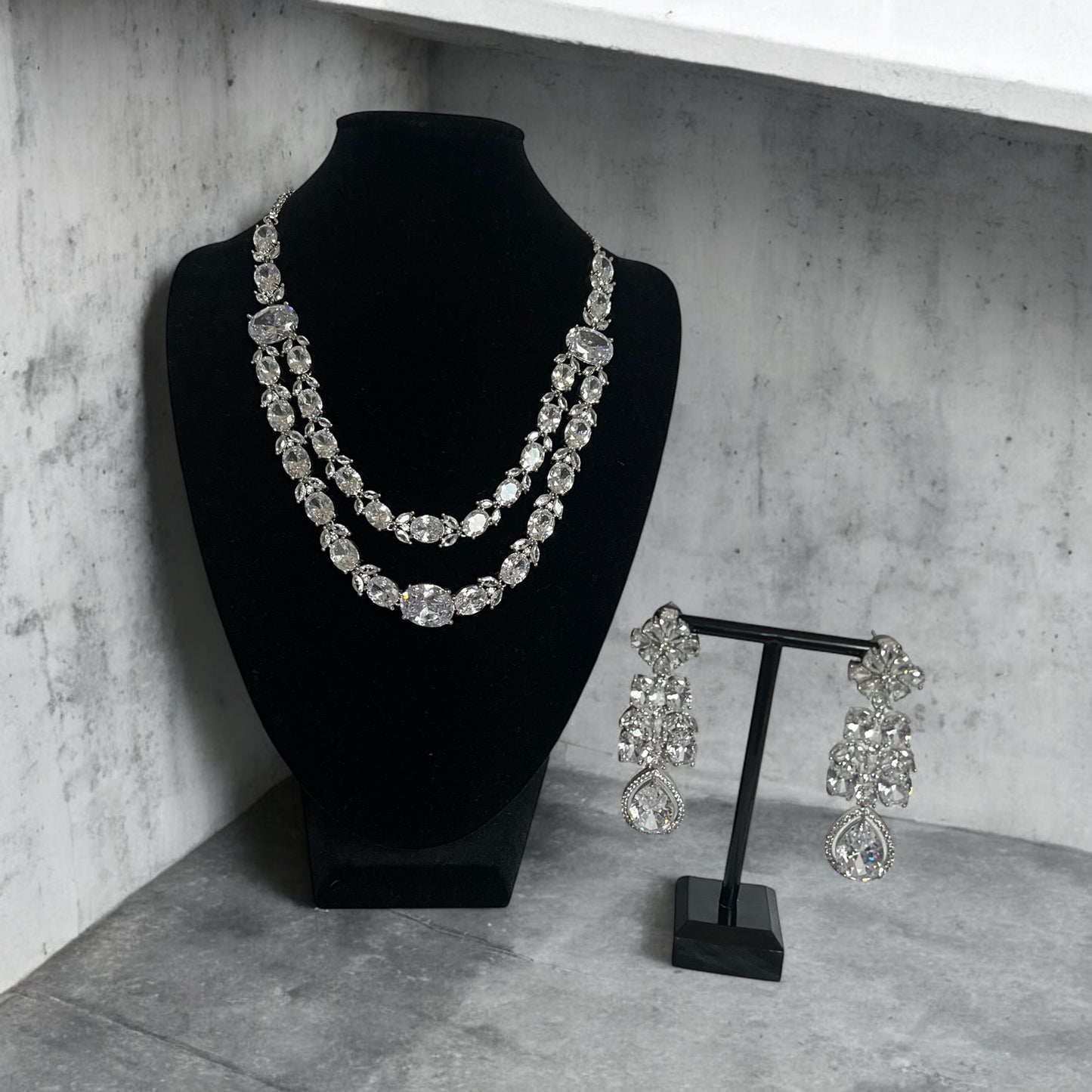 Double Layer Floral Clear AD Crystal Necklace Set