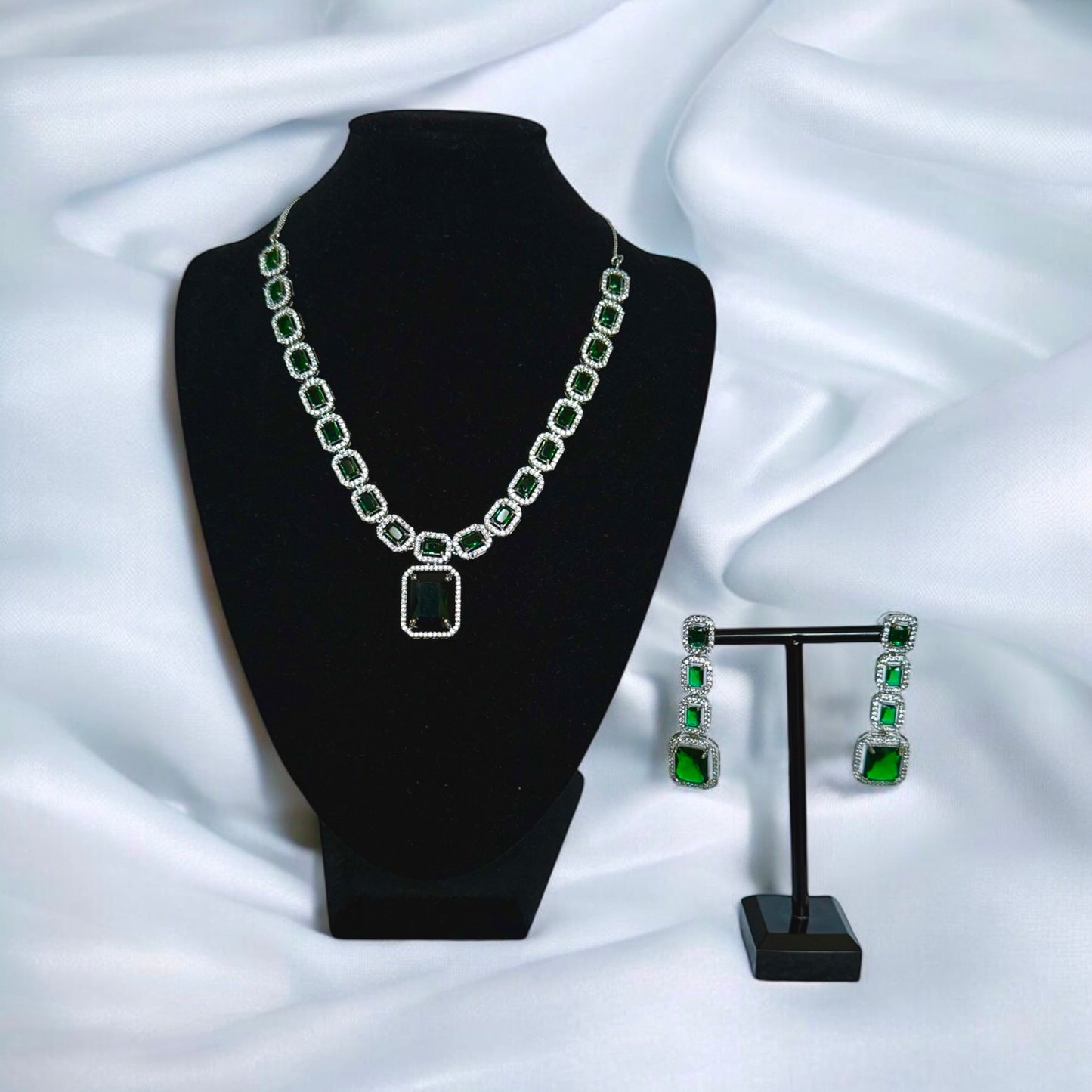 Emerald Green Square Stone Necklace Set with Matching Drop Earrings – Evening & Party Jewelry