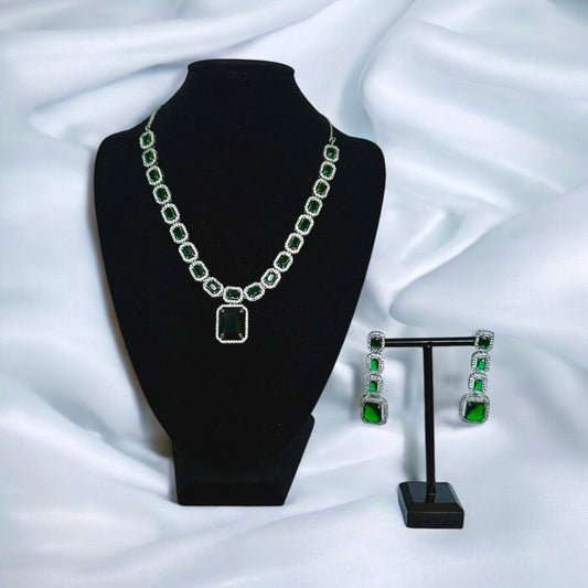 Emerald Green Square Stone Necklace Set with Matching Drop Earrings – Evening & Party Jewelry