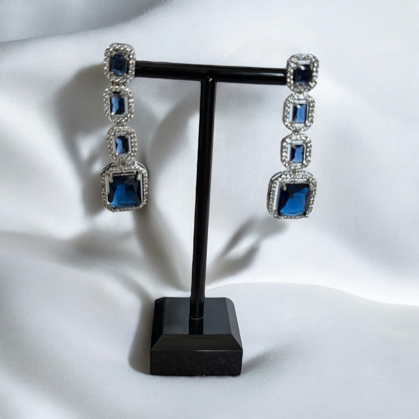 Navy Blue Crystal Square Necklace Set with Matching Earrings – Elegant Evening Jewelry