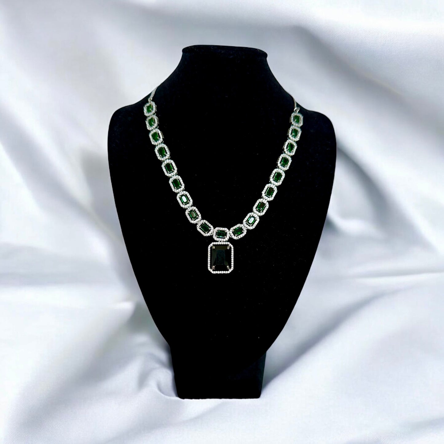 Emerald Green Square Stone Necklace Set with Matching Drop Earrings – Evening & Party Jewelry