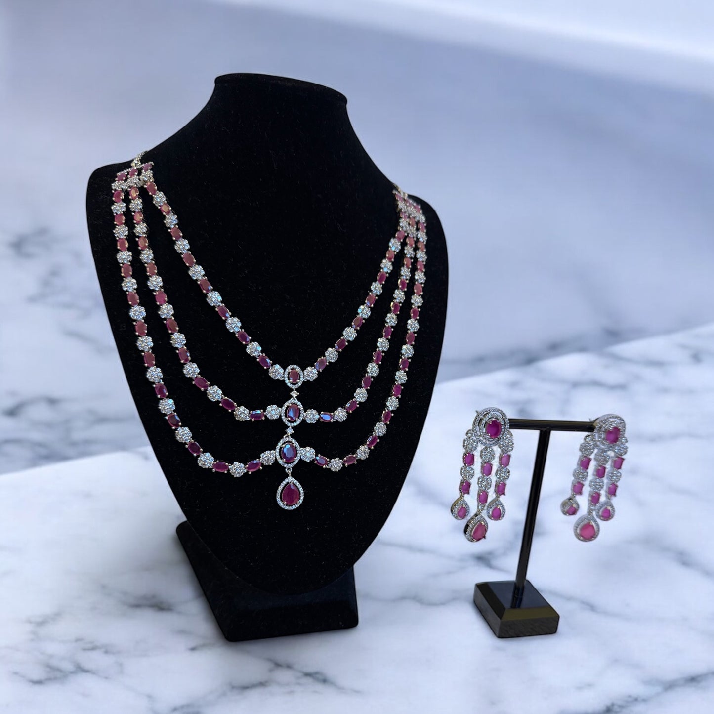 Layered Rani Pink Gemstone Pendant Necklace Set