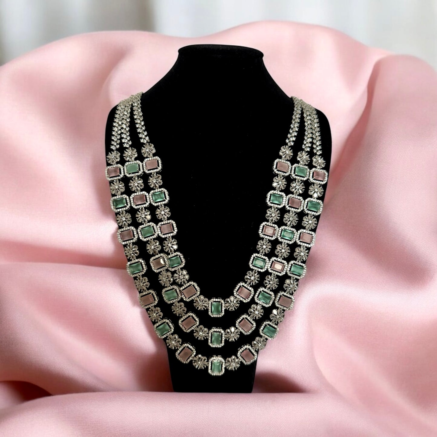 Pastel Green & Blush Pink Triple Layer Necklace Set with Floral Accents – Elegant Bridal Jewelry