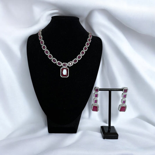 Pink Crystal Square-Cut Necklace Set with Matching Drop Earrings – Modern Party Jewelry