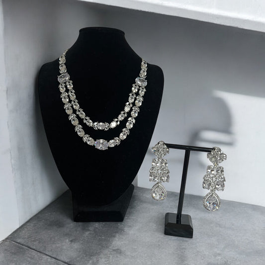 Double Layer Floral Clear AD Crystal Necklace Set