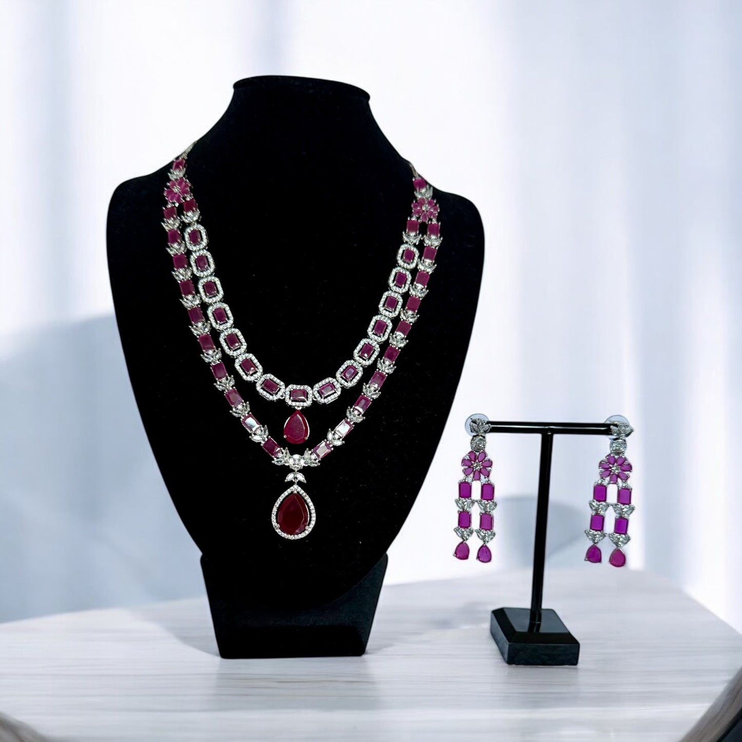 Double Layer Ruby Statement Necklace Set with Matching Earrings - Bridal & Occasion Jewelry
