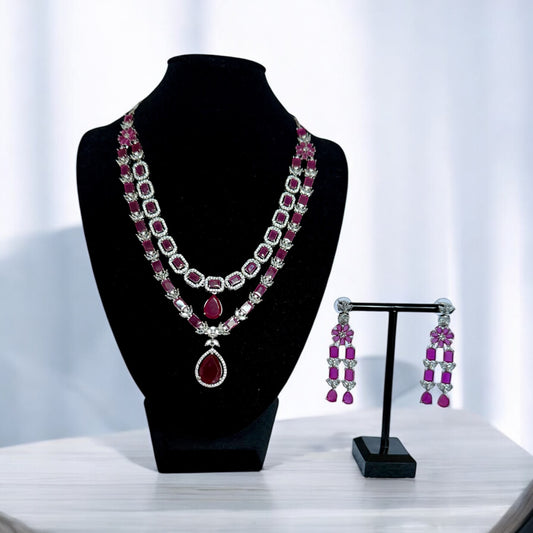 Double Layer Ruby Statement Necklace Set with Matching Earrings - Bridal & Occasion Jewelry