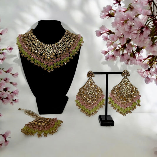 Pastel Beaded Kundan Choker Set in Pink & Green – Bridal Jewelry with Earrings & Maang Tikka