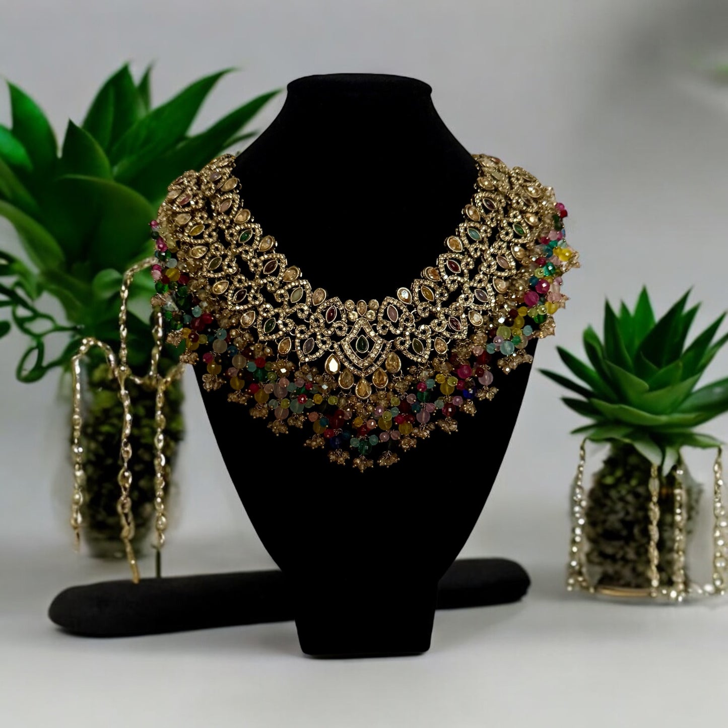 Multicolour Beaded Kundan Choker Set with Earrings & Maang Tikka – Antique Gold Bridal Jewelry
