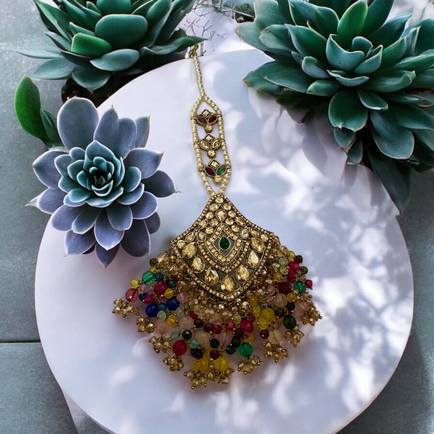 Multicolour Beaded Kundan Choker Set with Earrings & Maang Tikka – Antique Gold Bridal Jewelry