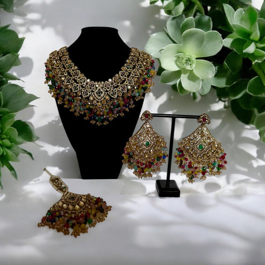 Multicolour Beaded Kundan Choker Set with Earrings & Maang Tikka – Antique Gold Bridal Jewelry