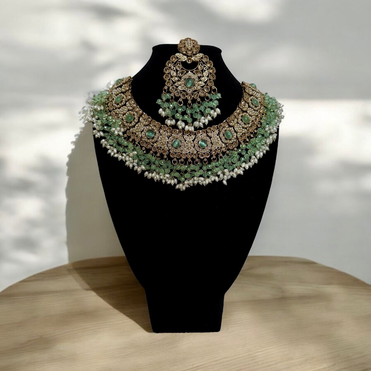 Mint Green Beaded Kundan Choker Set with Earrings & Maang Tikka – Antique Gold Bridal Jewelry
