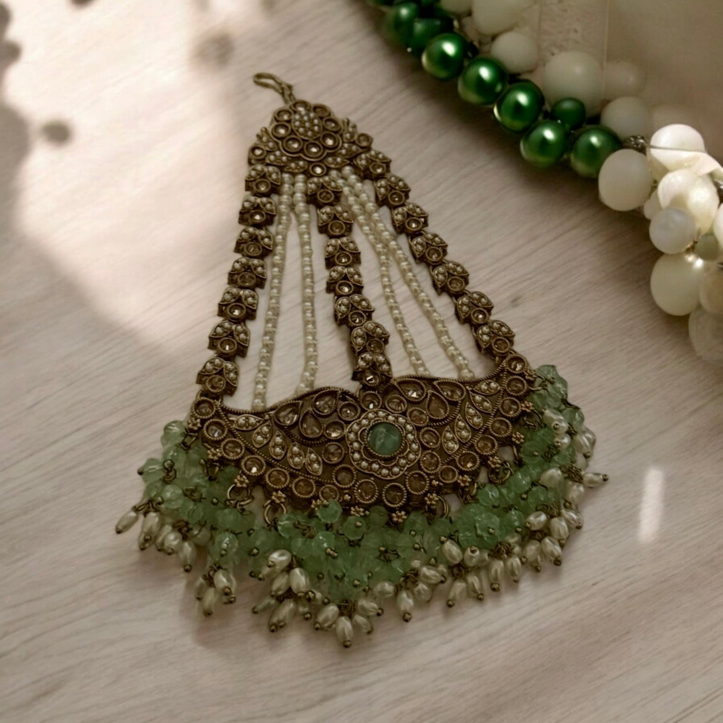 Mint Green Beaded Kundan Choker Set with Earrings & Maang Tikka – Antique Gold Bridal Jewelry