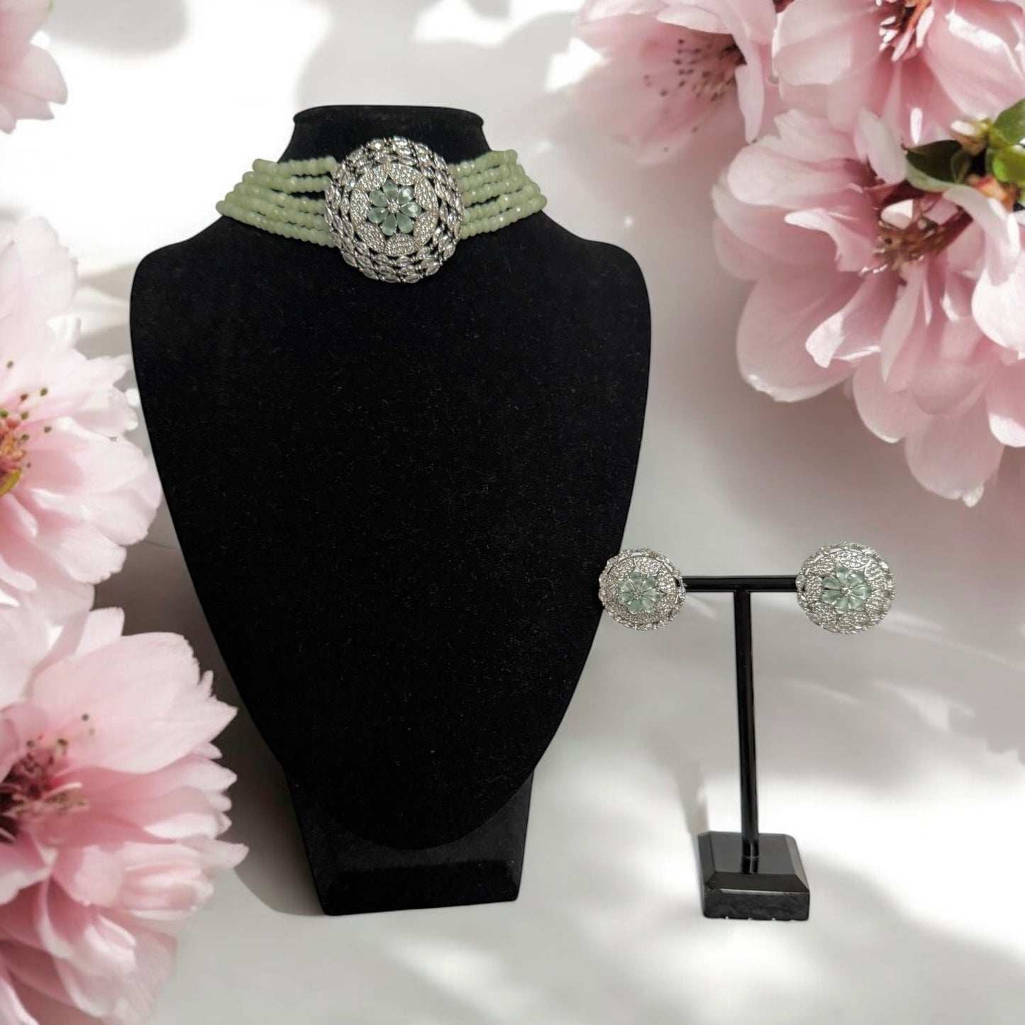 Mint Green, Sea Green Beaded, AD Necklace Set with choker