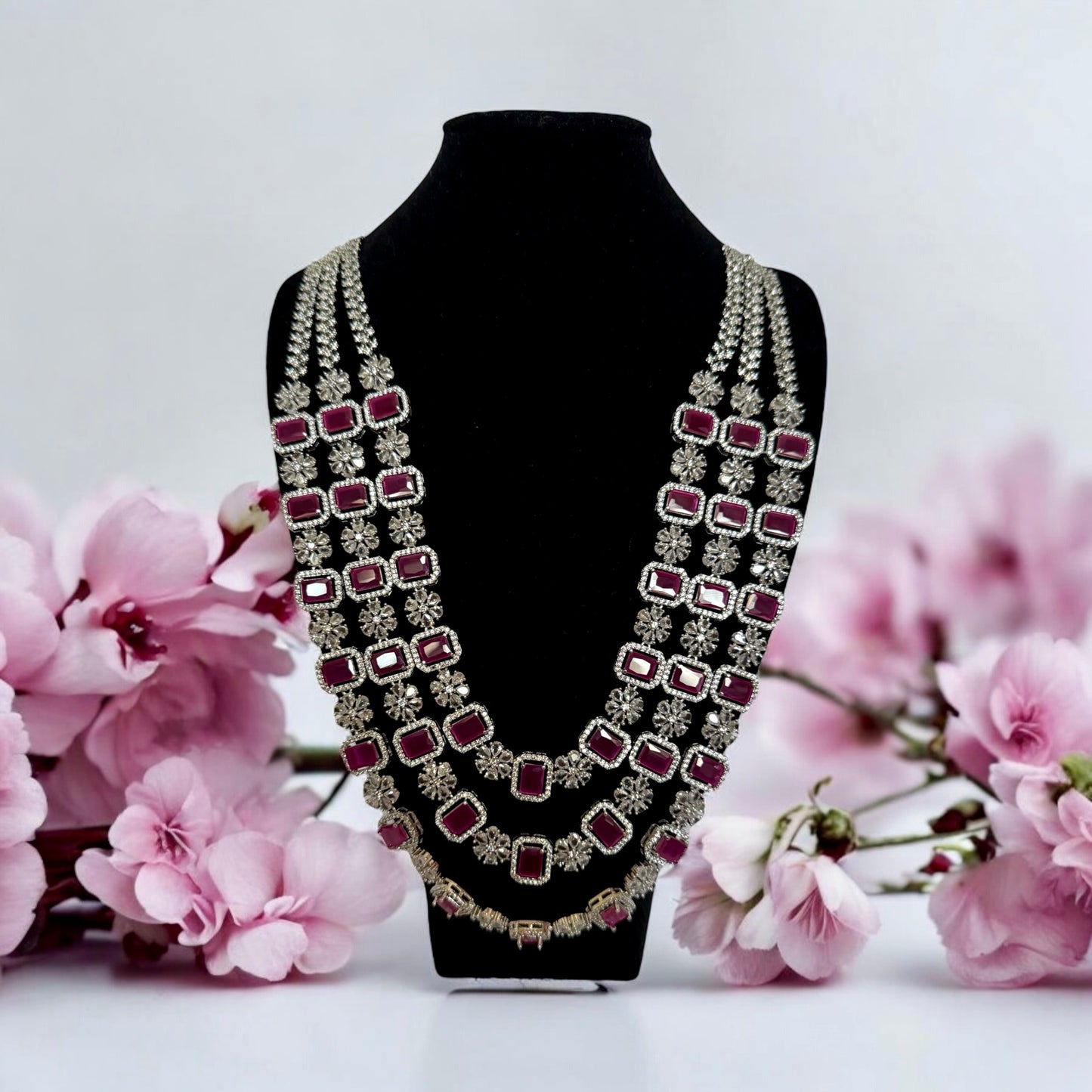 Triple Layer Pink Crystal Floral Necklace Set with Matching Earrings – Bridal & Statement Jewelry