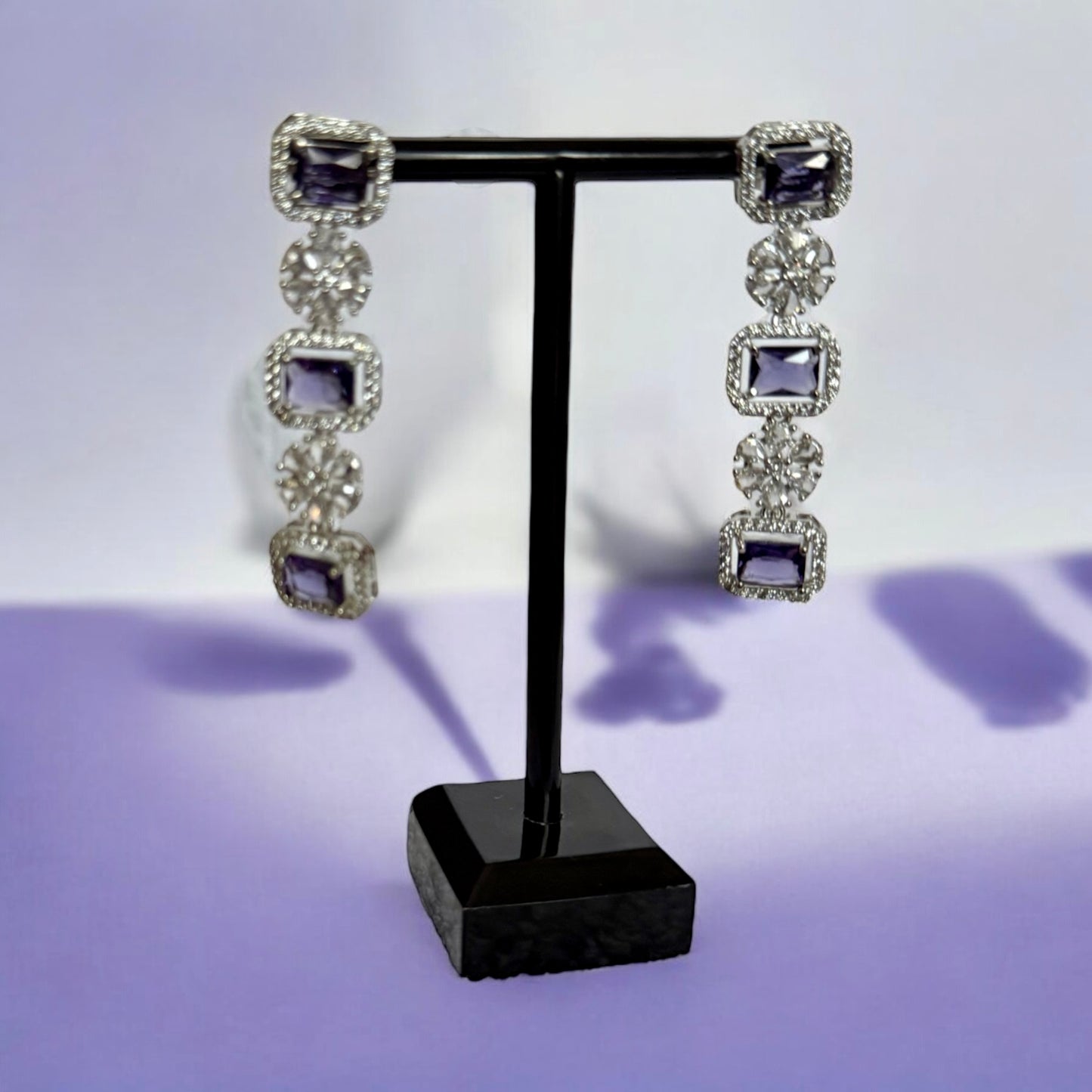 Triple Layer Purple Crystal Necklace Set with Floral Accents – Bridal & Statement Jewelry