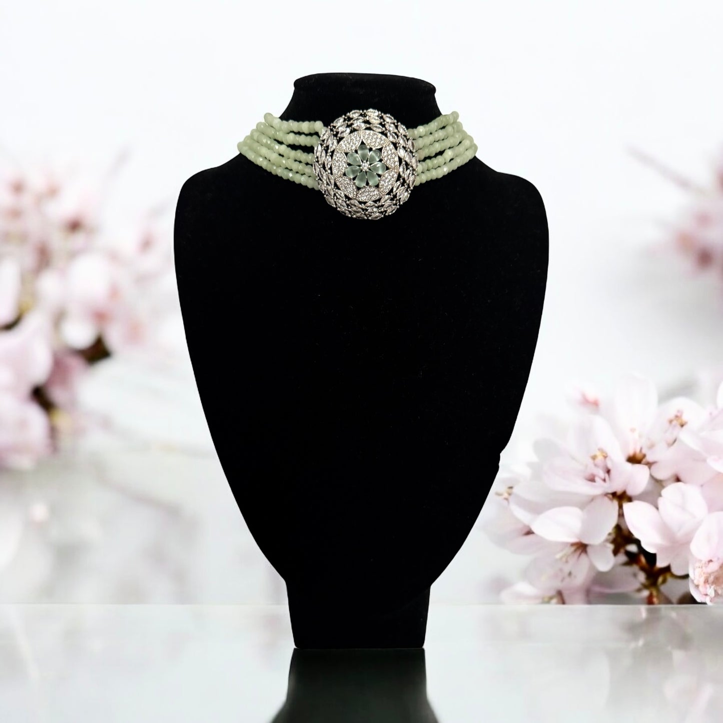 Mint Green, Sea Green Beaded, AD Necklace Set with choker