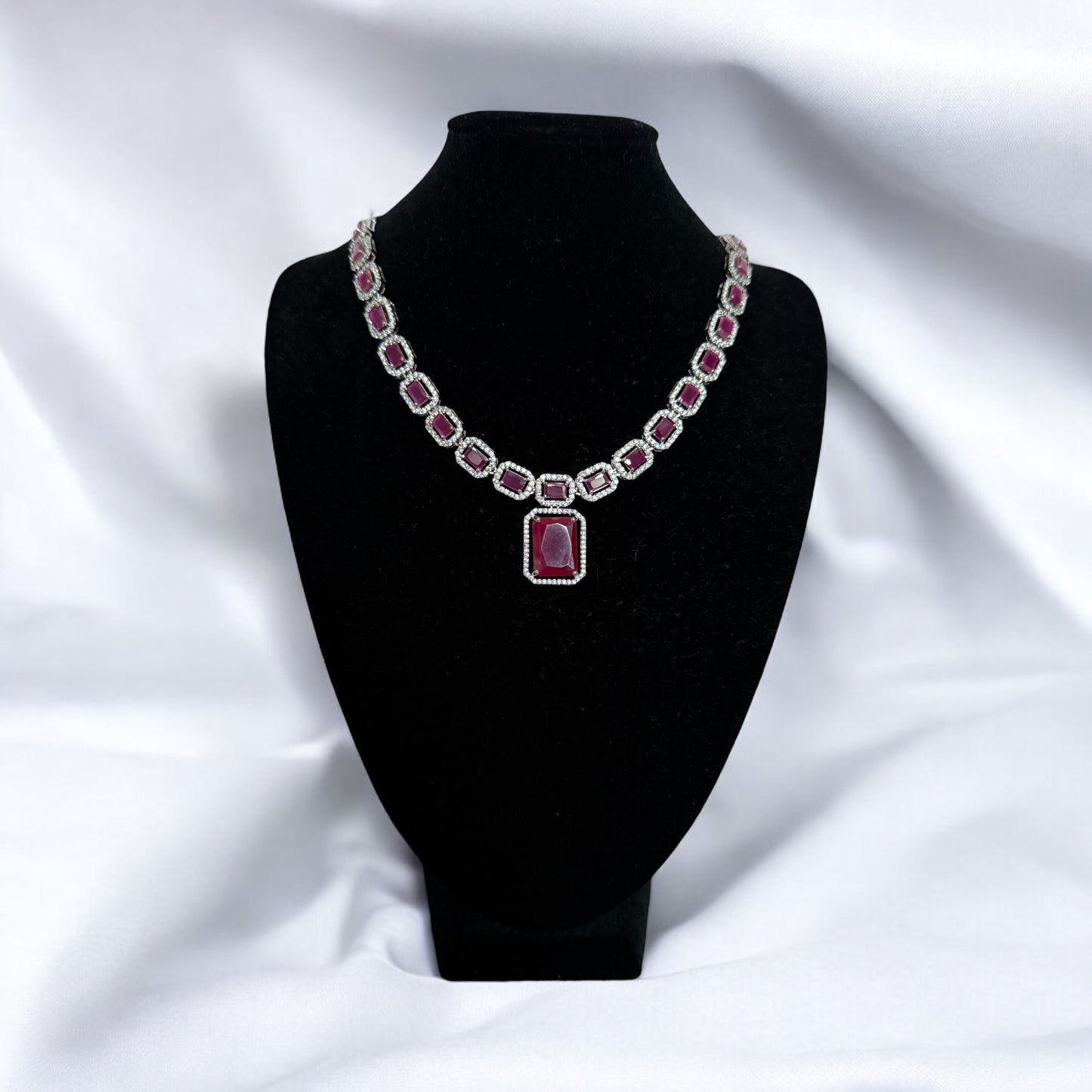 Pink Crystal Square-Cut Necklace Set with Matching Drop Earrings – Modern Party Jewelry