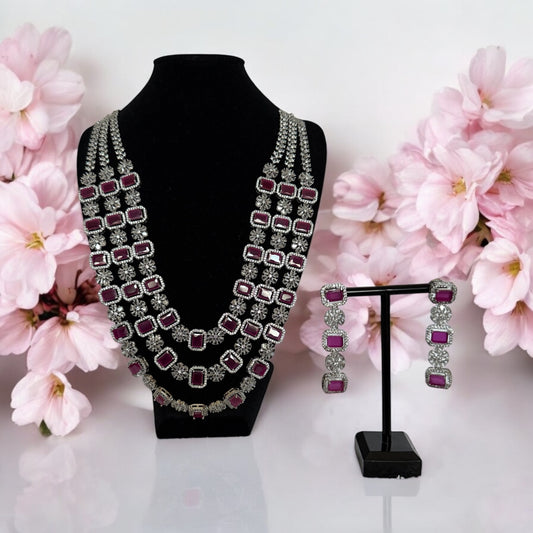 Triple Layer Pink Crystal Floral Necklace Set with Matching Earrings – Bridal & Statement Jewelry