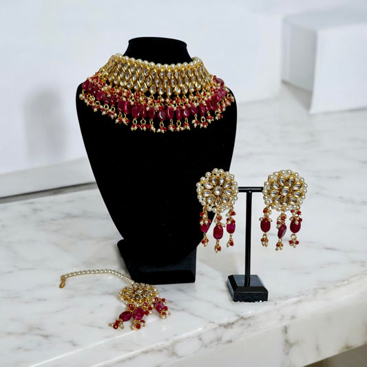 Bridal Red and Gold Beaded Necklace Set with Matching Tikka