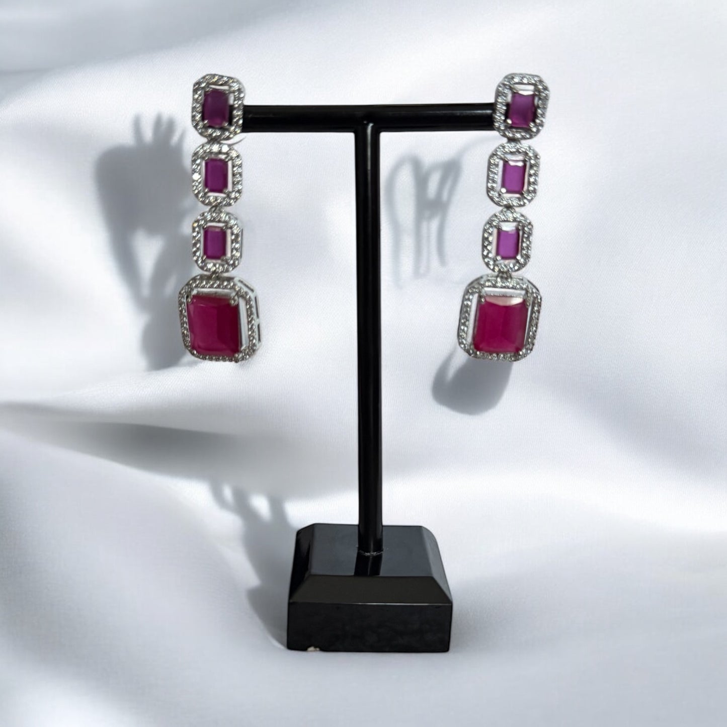 Pink Crystal Square-Cut Necklace Set with Matching Drop Earrings – Modern Party Jewelry