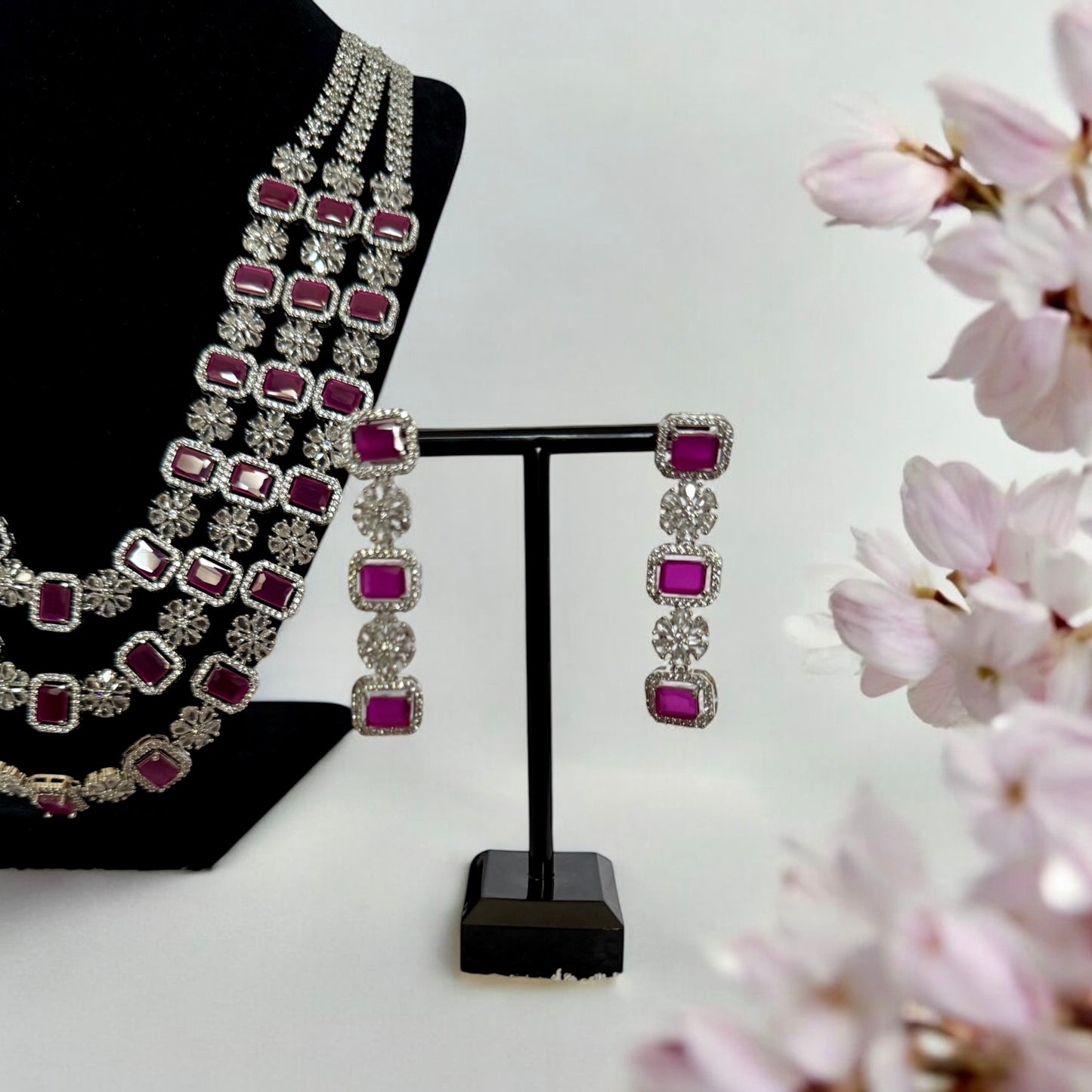 Triple Layer Pink Crystal Floral Necklace Set with Matching Earrings – Bridal & Statement Jewelry