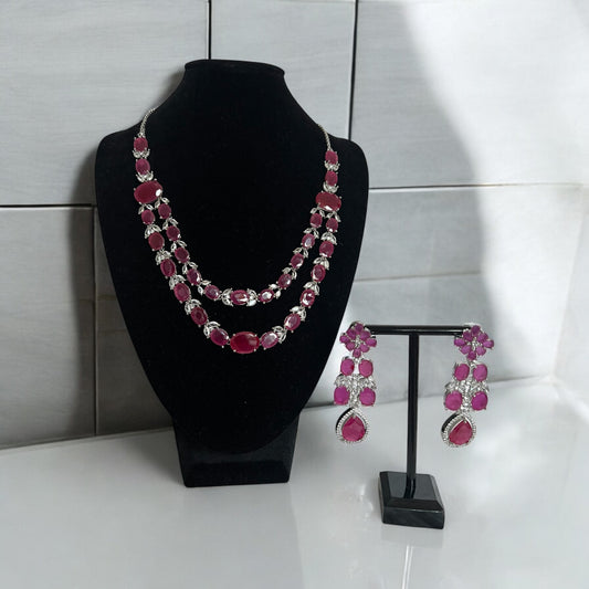 Rani Pink Double Layer Gemstone Necklace Set