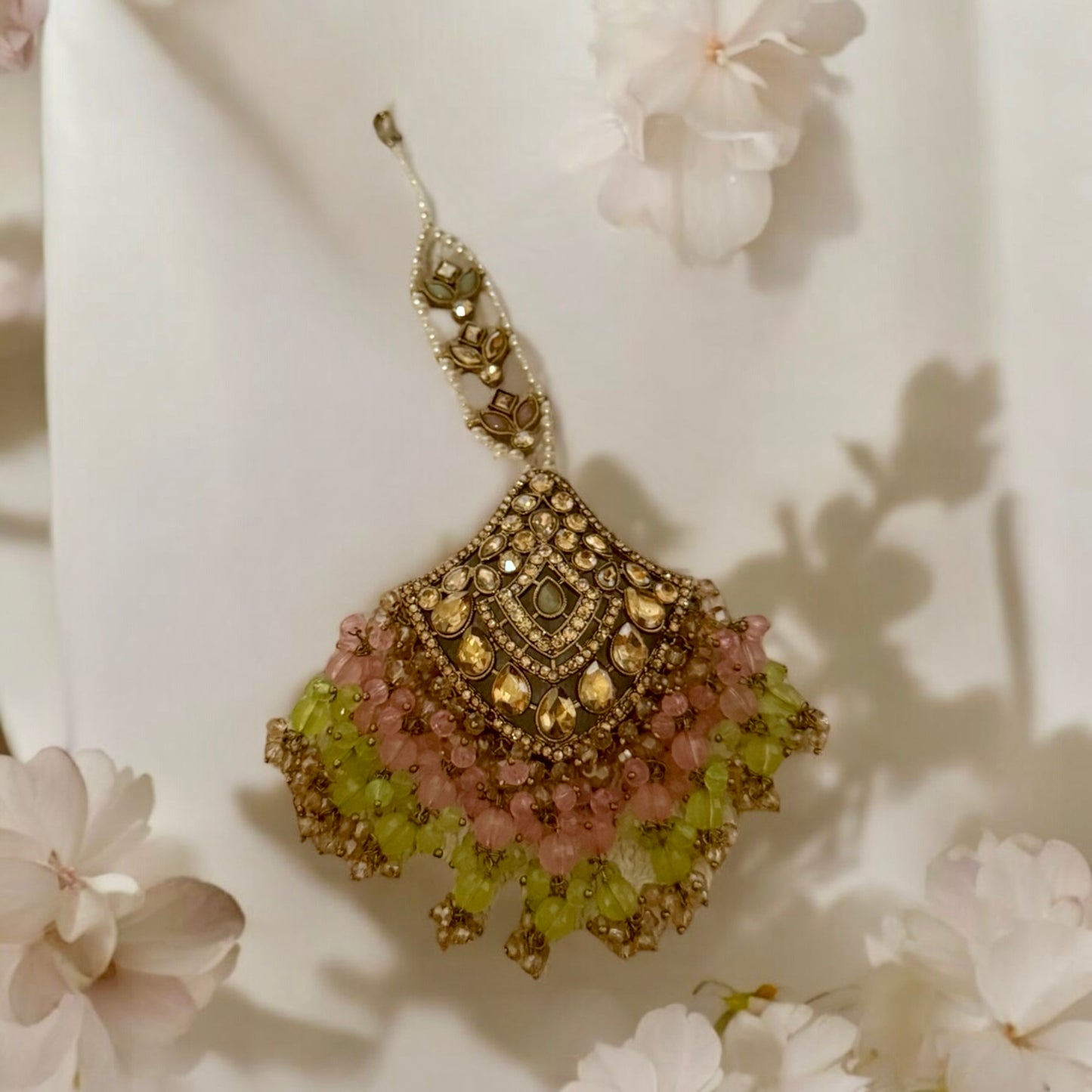 Pastel Beaded Kundan Choker Set in Pink & Green – Bridal Jewelry with Earrings & Maang Tikka