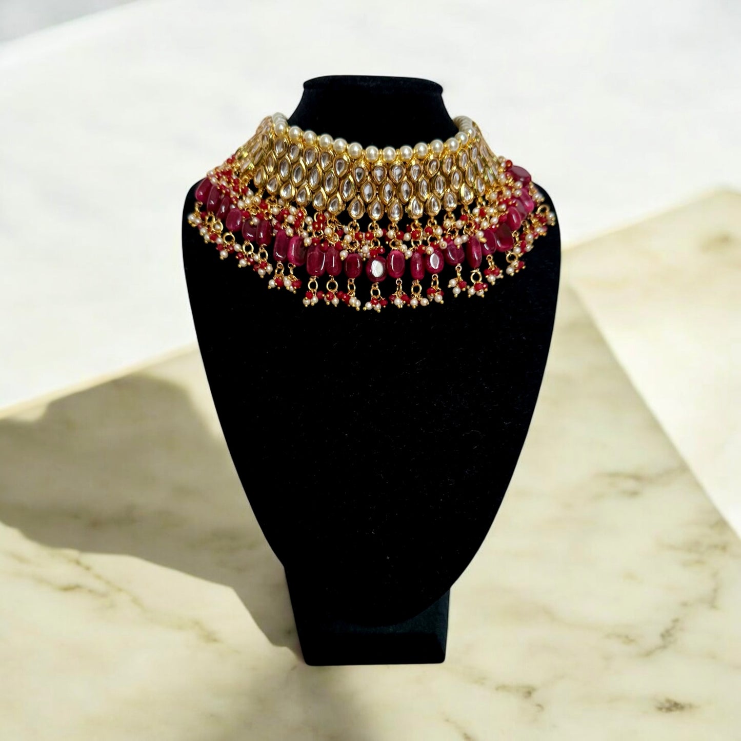 Bridal Red and Gold Beaded Necklace Set with Matching Tikka