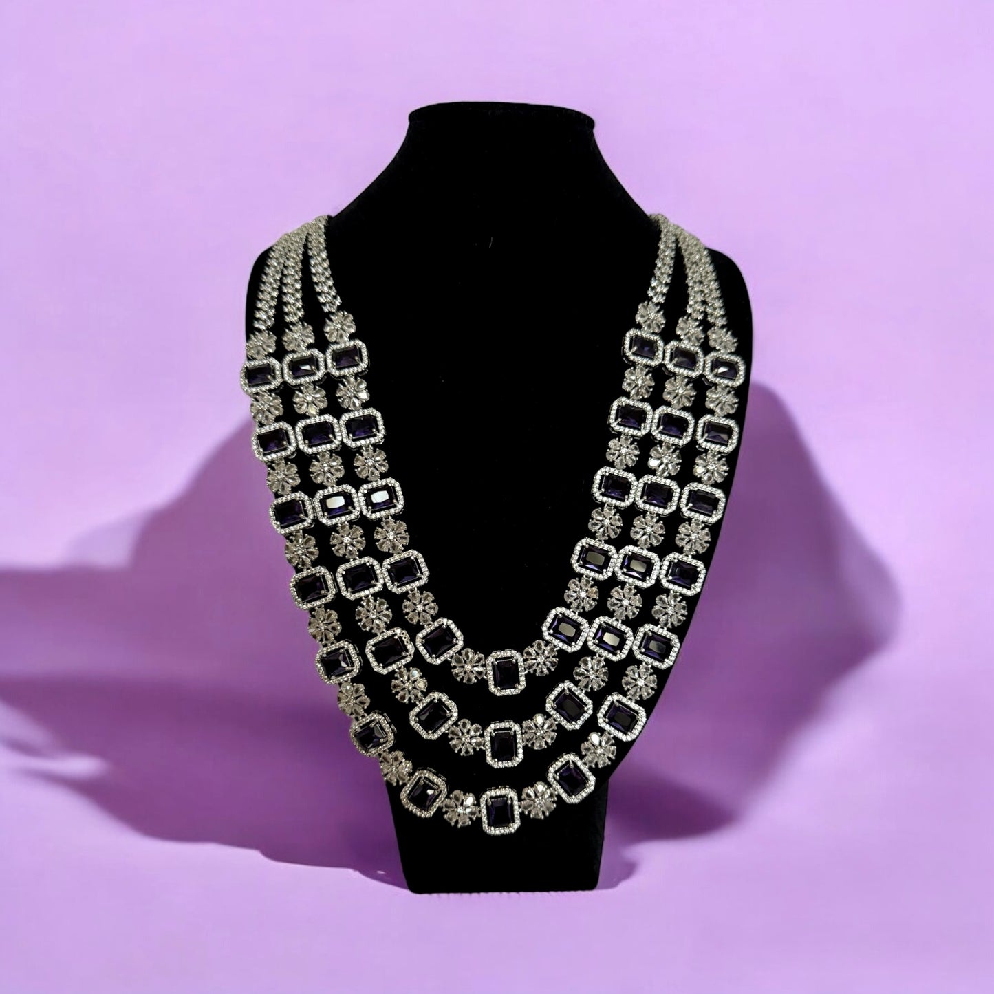 Triple Layer Purple Crystal Necklace Set with Floral Accents – Bridal & Statement Jewelry