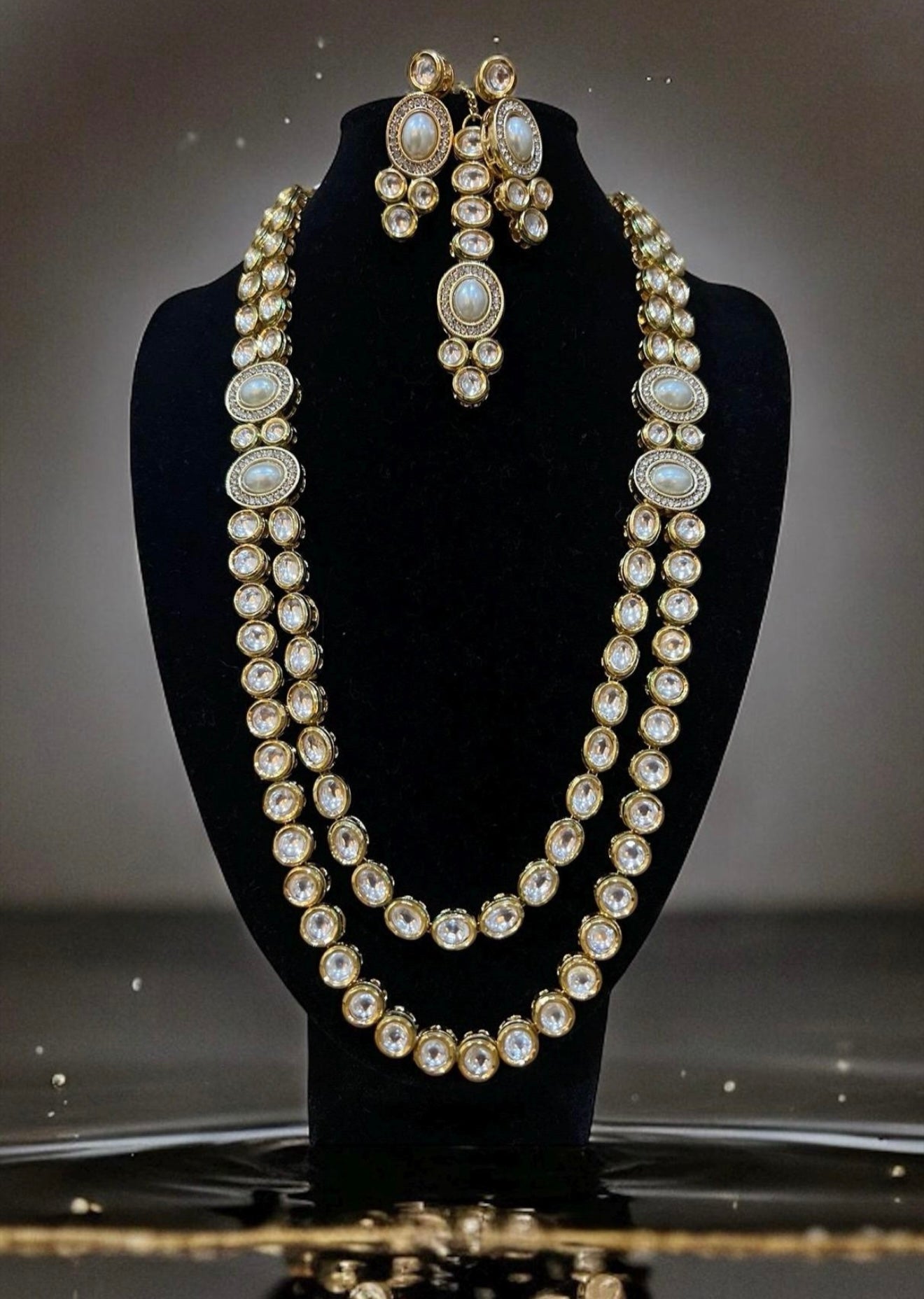 Traditional Long Pearl and Gold Kundan Necklace Set with Tikka