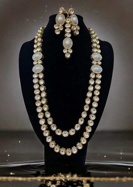 Traditional Long Pearl and Gold Kundan Necklace Set with Tikka