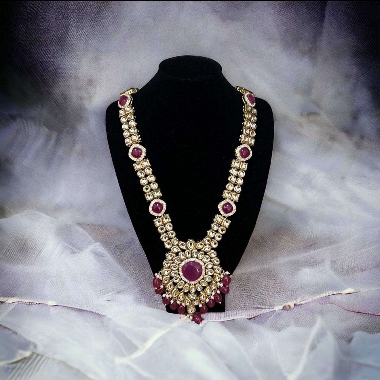 Bridal Red Kundan and Gold Necklace Set with Tikka