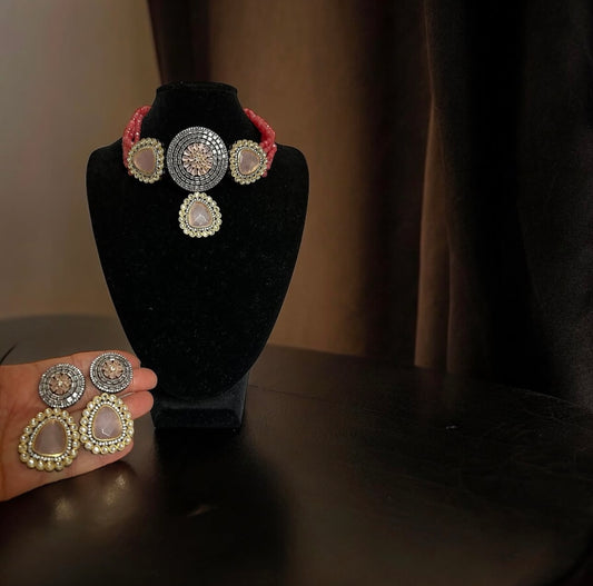 Traditional Wedding choker set, Peach, Gold, beaded design. Wedding Jewellery