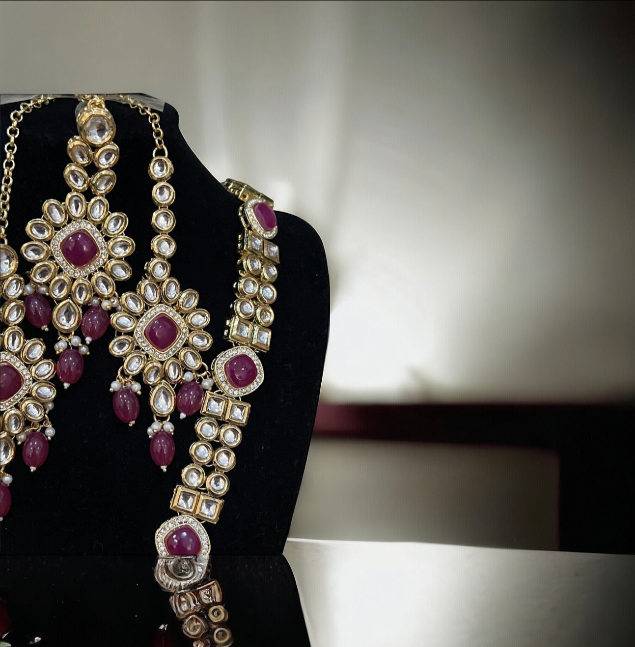 Bridal Red Kundan and Gold Necklace Set with Tikka