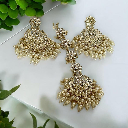 Cream and Gold Beaded Drop Earrings with Tikka