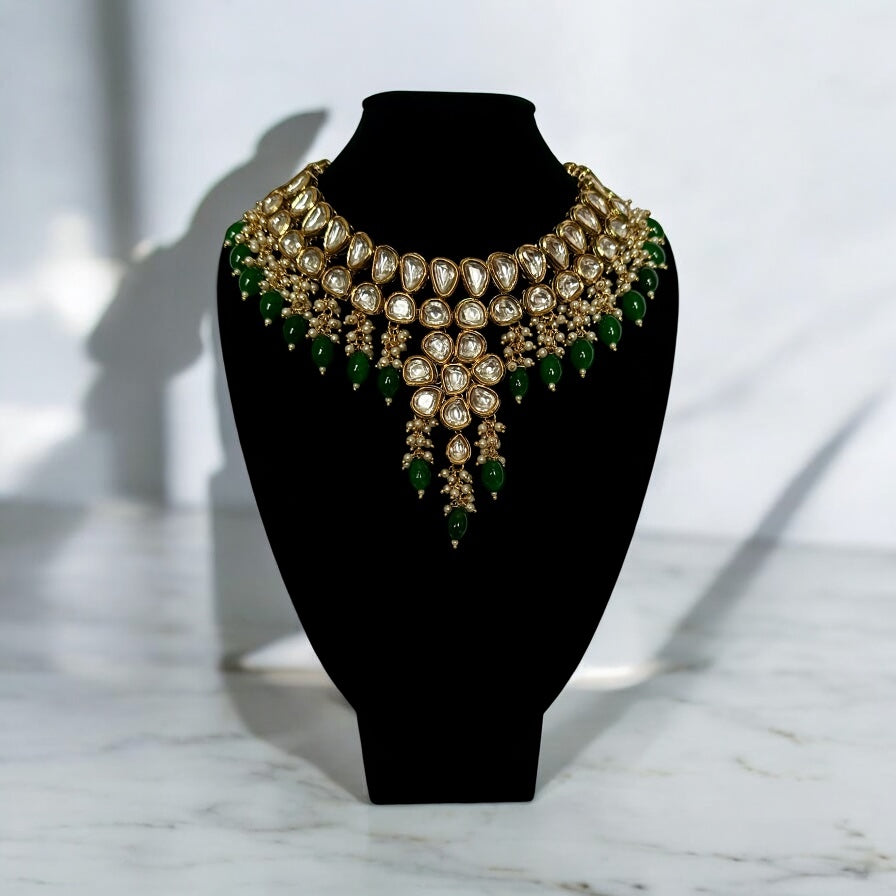 Green Kundan Jewellery Set with Choker Necklace and Drop Earrings