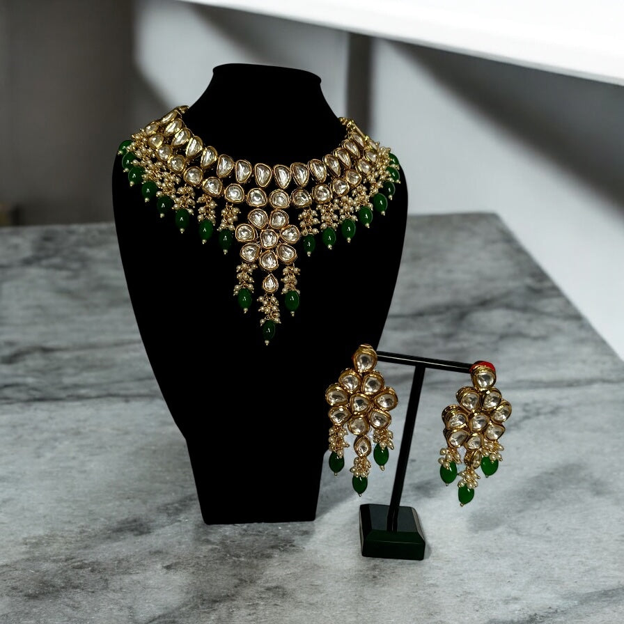 Green Kundan Jewellery Set with Choker Necklace and Drop Earrings