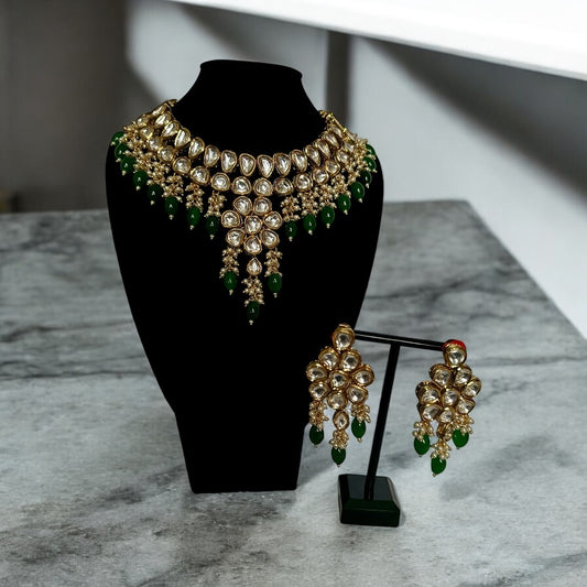 Green Kundan Jewellery Set with Choker Necklace and Drop Earrings