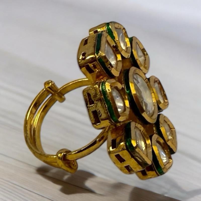 Floral Kundan Adjustable Ring with Green Enamel – Antique Gold Cocktail Jewelry