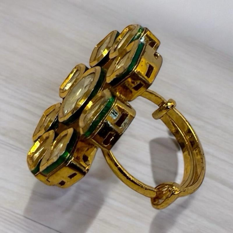 Floral Kundan Adjustable Ring with Green Enamel – Antique Gold Cocktail Jewelry