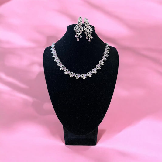 Pink Gemstone, American Diamond Necklace & Earrings